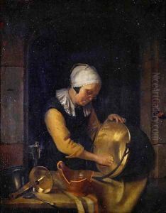 An Old Woman Scouring a Pot, c.1660 by Godfried Schalcken