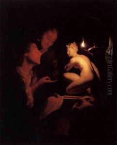 Artist and Model Looking at an Ancient Statue by Lamplight by Godfried Schalcken