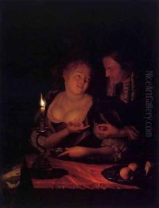 Gentleman Offering a Lady a Ring in a Candlelit Bedroom 1698 by Godfried Schalcken