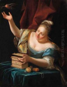 A woman, seated by a table in fancy costume, freeing a songbird from its cage A woman, seated by a table in fancy costume, freeing a songbird from its cage