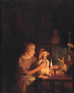 A young girl playing with her doll at a table, in an interior by candlelight