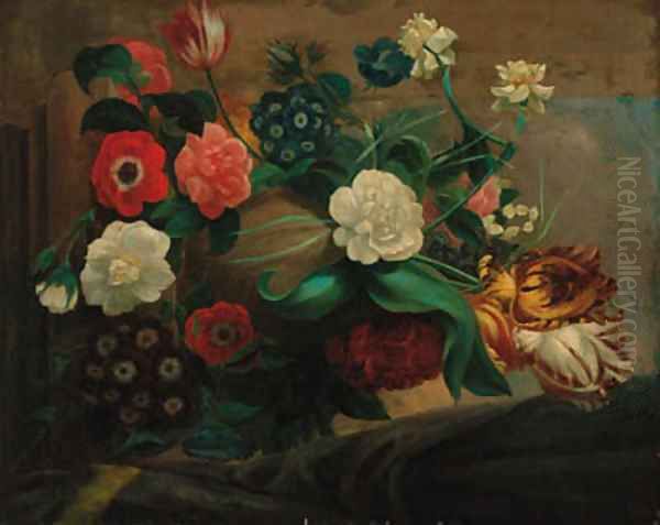 Parrot tulips, anemonies, narcissae, convulvulae, auriculars, rosebuds and other flowers in an urn on a stone ledge - view 1
