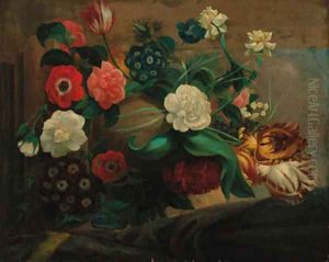 Parrot tulips, anemonies, narcissae, convulvulae, auriculars, rosebuds and other flowers in an urn on a stone ledge by Godfried Schalcken
