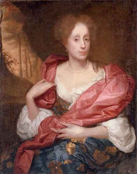 Portrait of a lady, three-quarter-length, in a blue dress with gold embroidery and a red shawl, seated in a landscape - view 1