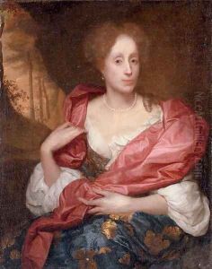 Portrait of a lady, three-quarter-length, in a blue dress with gold embroidery and a red shawl, seated in a landscape by Godfried Schalcken