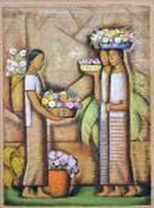 Three Women With Baskets Of Flowers by Alfredo Ramos Martinez