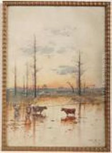 Abendliche Flusslandschaft Mit Kuhen In Mexiko by Alfredo Ramos Martinez