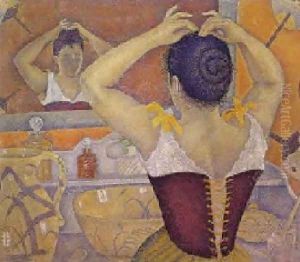 Woman at her toilette wearing a purple corset, 1893