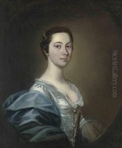 Portrait Of A Lady, Half-length,
In An Oyster Satin Dress Withpearl Ornaments And A Blue Wrap by Allan Ramsay