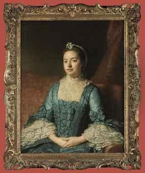 Portrait Of Sarah Verney (b.
C.1733), Half-length, In A Blue Dresswith Bows, With A Lace Bodice And
Cuffs, Seated On A Red Sofa, Adraped Curtain Beyond - view 1