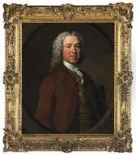 Portrait Of Richard Powney, 
D.c.l (b. C.1702), Half-length, In Abrown Coat, Gold-emroidered 
Waistcoat And White Stock, With Atricorne Hat Under His Arm, In In A 
Sculpted Cartouche - view 1