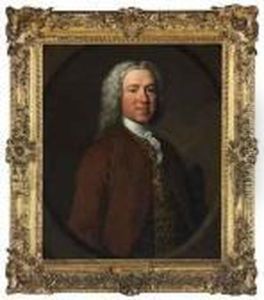 Portrait Of Richard Powney,
D.c.l (b. C.1702), Half-length, In Abrown Coat, Gold-emroidered
Waistcoat And White Stock, With Atricorne Hat Under His Arm, In In A
Sculpted Cartouche by Allan Ramsay