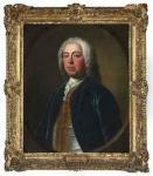 Portrait Of Penistone Powney,
M.p. (c. 1699-1757), Of Ives Place,middlesex, Half-length, In A Blue
Velvet Coat, With Agold-embroidered Waistcoat And A White Stock - view 1