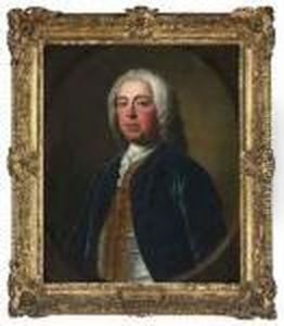 Portrait Of Penistone Powney, 
M.p. (c. 1699-1757), Of Ives Place,middlesex, Half-length, In A Blue 
Velvet Coat, With Agold-embroidered Waistcoat And A White Stock