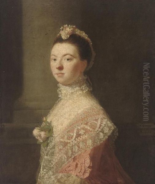 Portrait Of Anne, Lady North (c.
 1740-1797), Wife Of Fredericknorth, 2nd Baron North, 
Three-quarter-length, In A Pink Dress Andlace Shawl With Roses At Her 
Decolletage, And A Lace Headdress, Bya Column - view 1