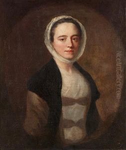 Portrait Of A Lady, Half-length, In A Brown And White Dress With A White Lace Cap by Allan Ramsay