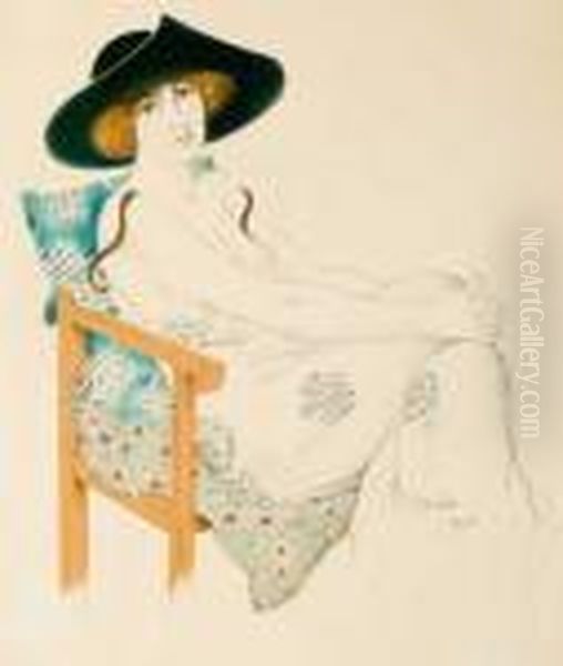 Femme Assise Au Large Chapeau Noir - view 1