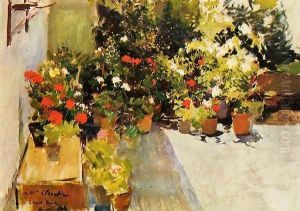 A Rooftop with Flowers by Joaquin Sorolla Y Bastida