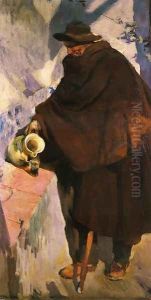 Elderly Castellano Pouring Wine by Joaquin Sorolla Y Bastida