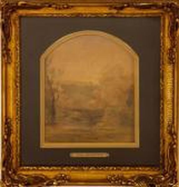 Bord De Riviere Avec Pont.aquarelle Signee. Format Cintre. . 23,50x18 Cm - view 1
