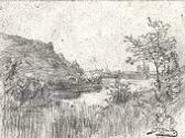 Bord D'etang. Dessin A La Mine De Plomb. 19,5 X 26 Cm - view 1