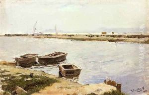 Three Boats By A Shore by Joaquin Sorolla Y Bastida
