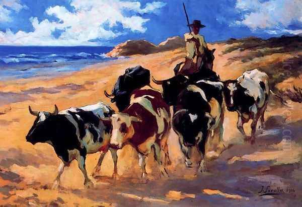 Oxen on the beach - view 1