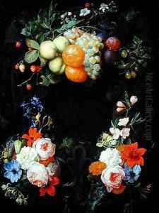 Oranges, peaches, grapes, plums, strawberries, raspberries and other fruit with roses, honeysuckle and other flowers by Joris Van Son