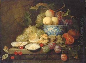 Oysters, plums, cherries, grapes, a lemon and a pomegranate on a stone ledge, with peaches and grapes by Joris Van Son