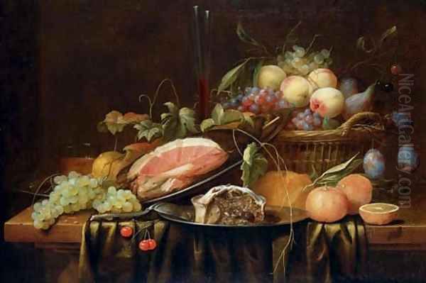 Ham and a sweetmeat pie on pewter plates, peaches, grapes, figs and plums in a basket, a bread roll, oranges, a sprig of cherries, a bunch of grapes - view 1
