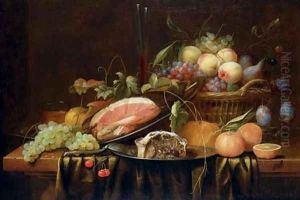 Ham and a sweetmeat pie on pewter plates, peaches, grapes, figs and plums in a basket, a bread roll, oranges, a sprig of cherries, a bunch of grapes by Joris Van Son