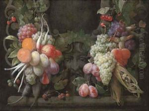Grapes, gooseberries, blackberries, figs, oranges, plums, radishes, asparagus, maize, cherries and other fruits surrounding a stone cartouche by Joris Van Son