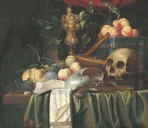 A vanitas still-life with a skull, a pistol, a lute with broken strings, a flute, shells, peaches, figs, bread and an urn on a partly draped ledge