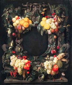 Clusters of oranges, lemons, pears, grapes, figs and other fruit, corncobs and nuts decorating a stone cartouche