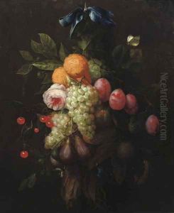 Oranges, prunes, cherries, figs, grapes, and a rose hanging from a blue ribbon tied to a nail, with a butterfly and other insects nearby