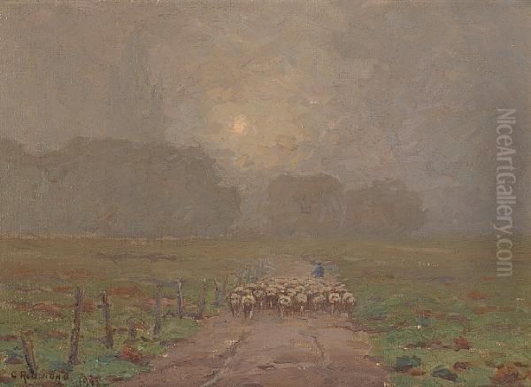 Shepherd Herding Sheep In A Misty Landscape - view 1