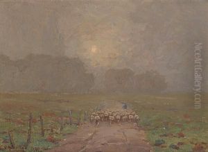 Shepherd Herding Sheep In A Misty Landscape by Granville Redmond