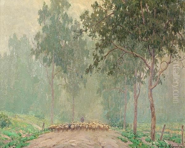 A Shepherd And His Flock In The Early Morning Mist - view 1