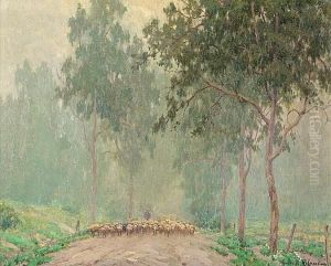 A Shepherd And His Flock In The Early Morning Mist by Granville Redmond