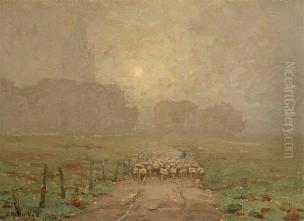 Shepherd Herding Sheep In Misty Landscape - view 1