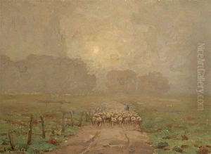 Shepherd Herding Sheep In Misty Landscape by Granville Redmond