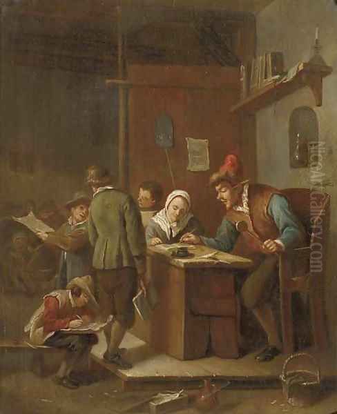 A classroom interior with a school master correcting pupils' papers - view 1