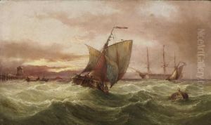 Fischerboote Und Dreimaster Auf Bewegter See