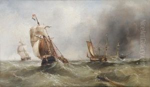 A Dutch Hoy And Other Vessels In
 A Heavy Swellwith An Anchored Three-masted Merchantman Beyond