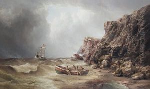 Fisherman Launching A Yorkshire Cobble To Aida Ship In Distress