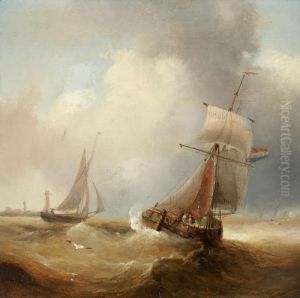 Zwei Segelboote Auf Bewegter See Vor Einer Kuste by Henry Redmore