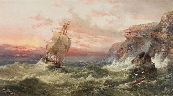 Sailing Vessel Off A Rocky Coast At Sunset; Fishermen With A Beached Rowing Boat - view 1