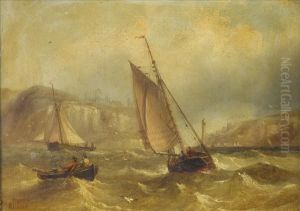 Whitby, Yorkshire, Fishing Boats In A Swell, The Abbey And Lighthouse Beyond by Henry Redmore