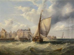 Fishing Vessels Off A Coastal Town by Henry Redmore