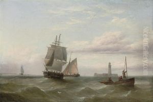 A Trading Brig And Other Shipping Before A Fortifiedlighthouse
